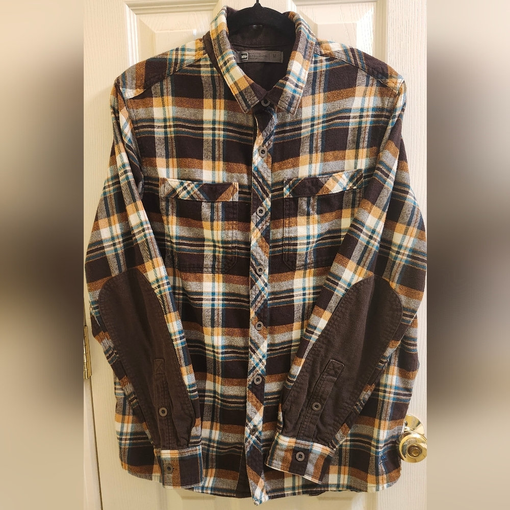 ​REI Co-op Men's Plaid Flannel Shirt Elbow Patches Brown Blue Gold Size M